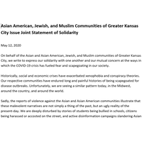 Asian American, Jewish, and Muslim Communities of Greater Kansas City Issue Joint Statement of Solidarity