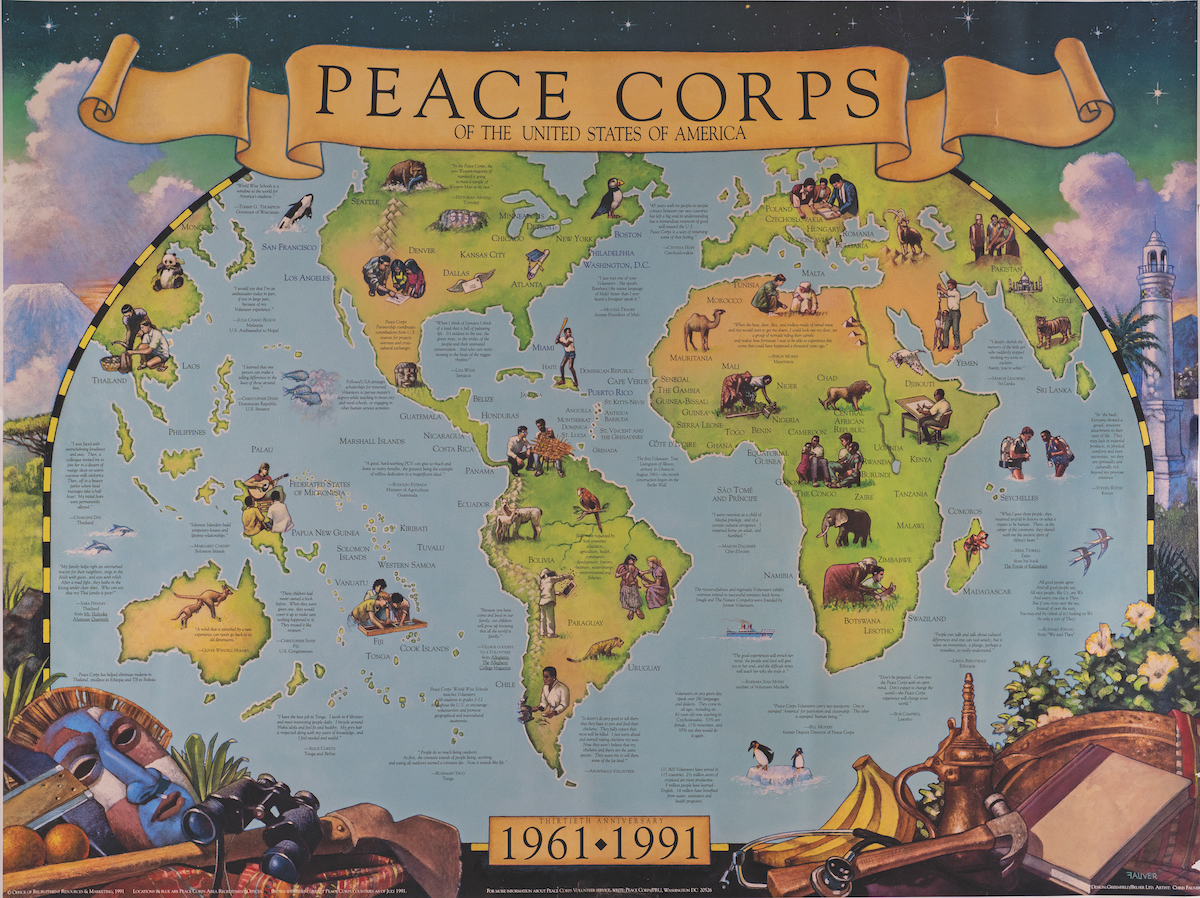 Map of the world with Peace Corps countries noted