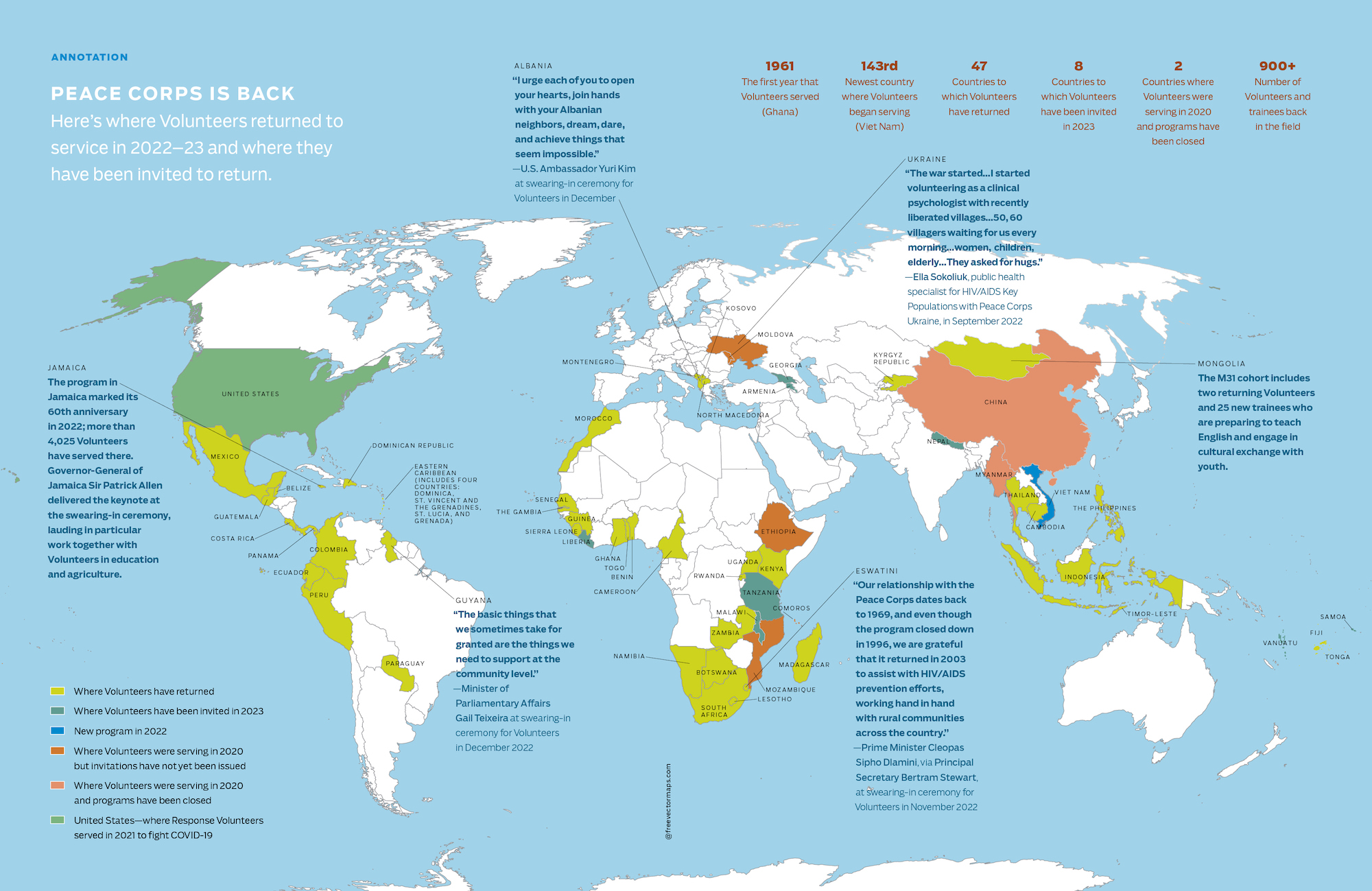 Map of the world showing countries where Peace Corps Volunteers have returned