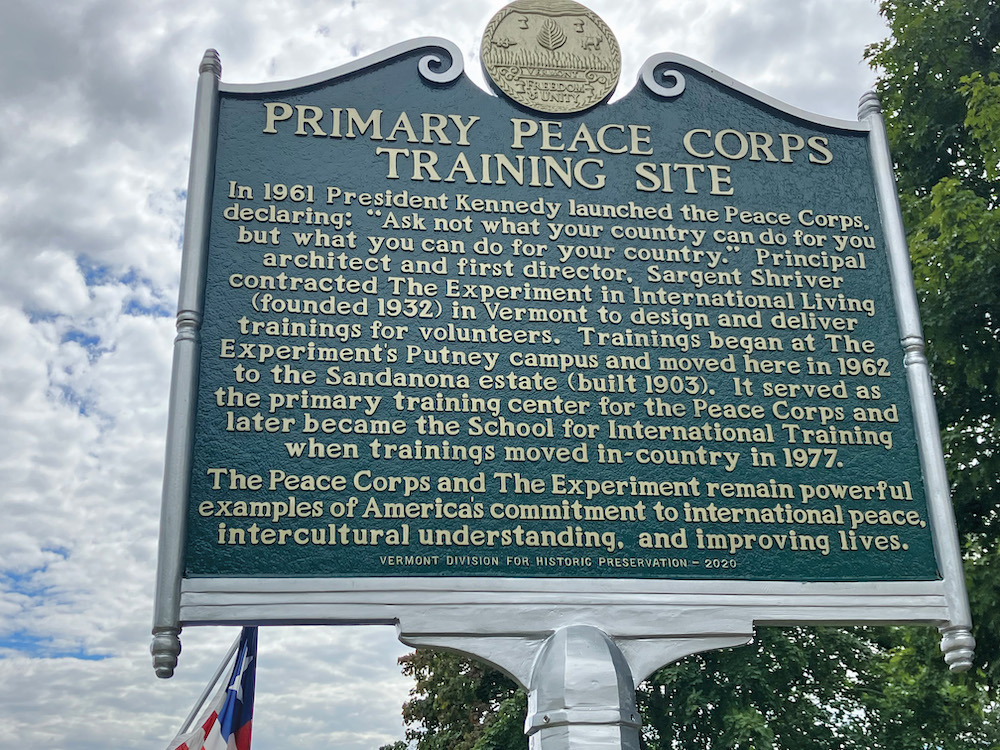 Sign at School for International Training noting this is where early Peace Corps training took place