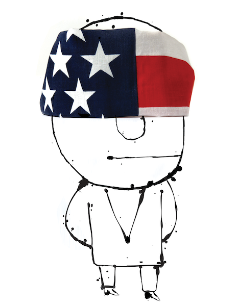 Illustration of man wearing U.S. flag blindfold