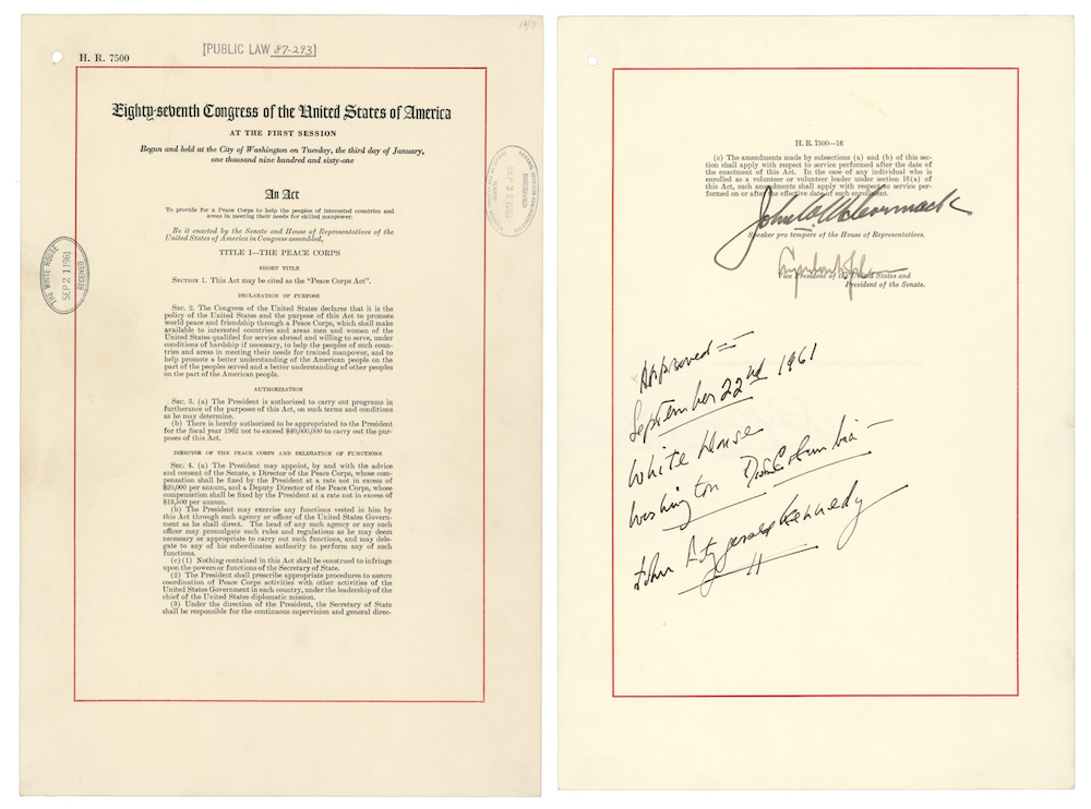 First and last page of Peace Corps Act, with JFK's signature