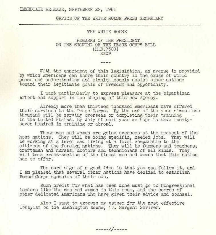 John F. Kennedy's remarks on signing the Peace Corps