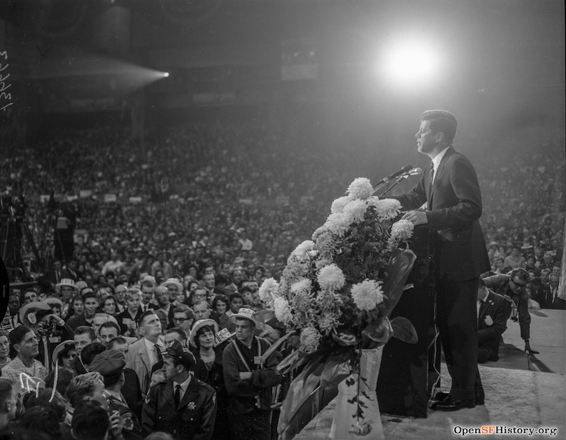 John F. Kennedy speaking at the Cow Palace in San Francisco, 1960