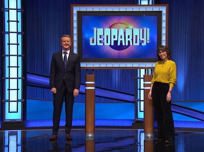 Ken Jennings and Maria Krasinski on the Jeopardy set