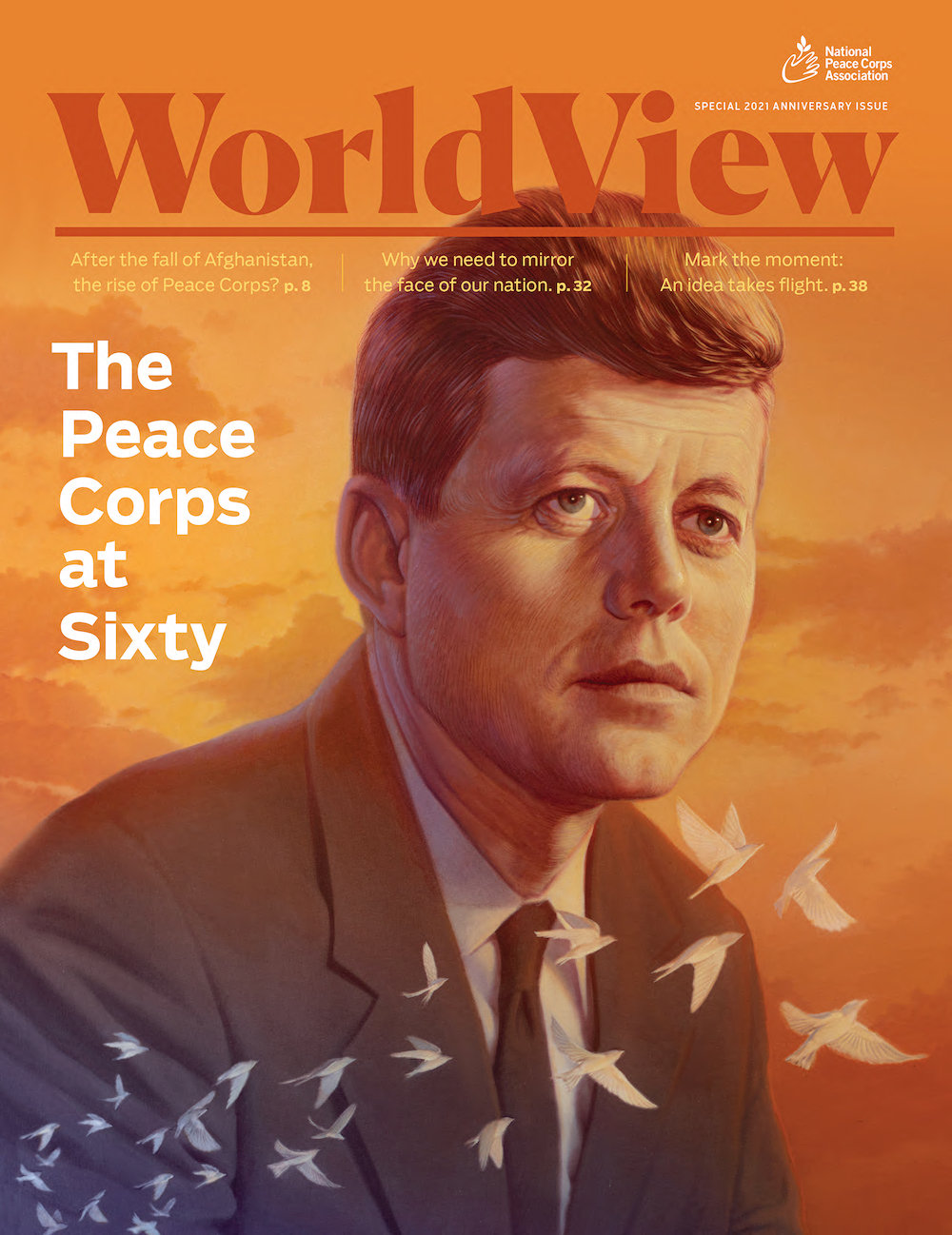 WorldView magazine cover, 60th Anniversary Edition. John F. Kennedy and words The Peace Corps at Sixty